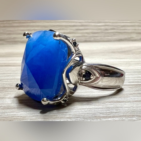 Vintage Designer Signed (SX) Sterling Silver Blue Jade & Sapphire Ring, Size 6 - Picture 3 of 14